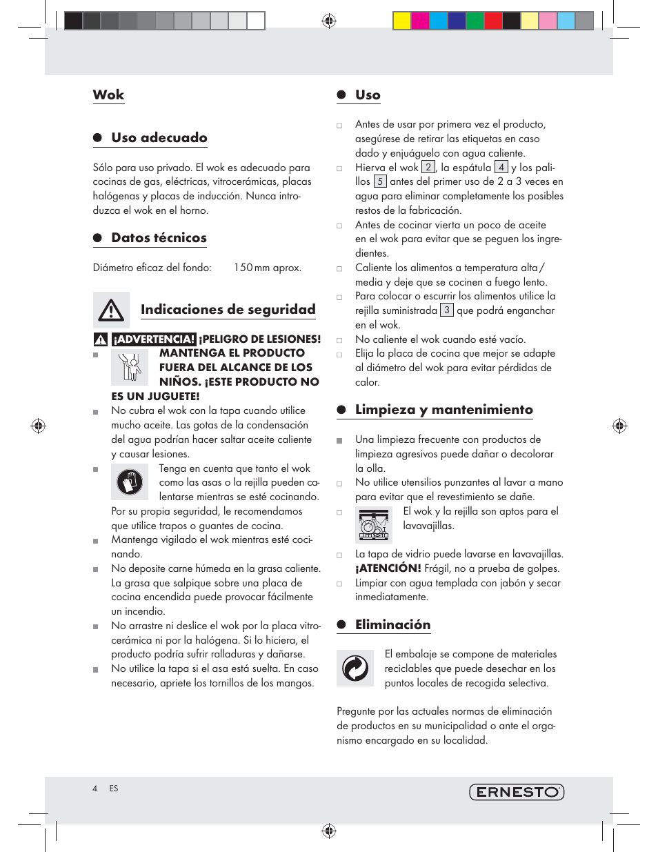 Wok uso adecuado, Datos técnicos, Indicaciones de seguridad | Limpieza y mantenimiento, Eliminación | Ernesto Z10601 User Manual | Page 4 / 13