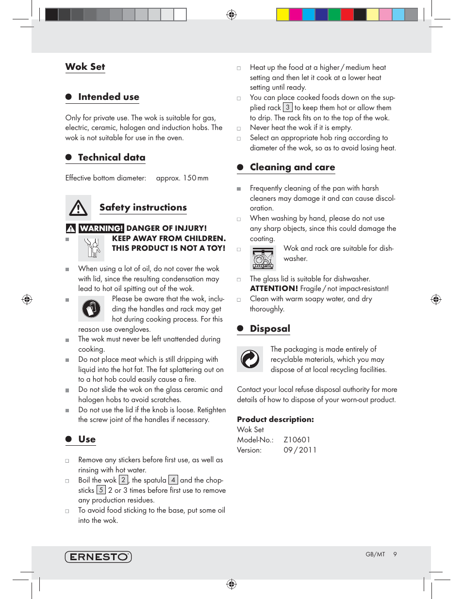 Wok set intended use, Technical data, Safety instructions | Cleaning and care, Disposal | Ernesto Z10601 User Manual | Page 9 / 13