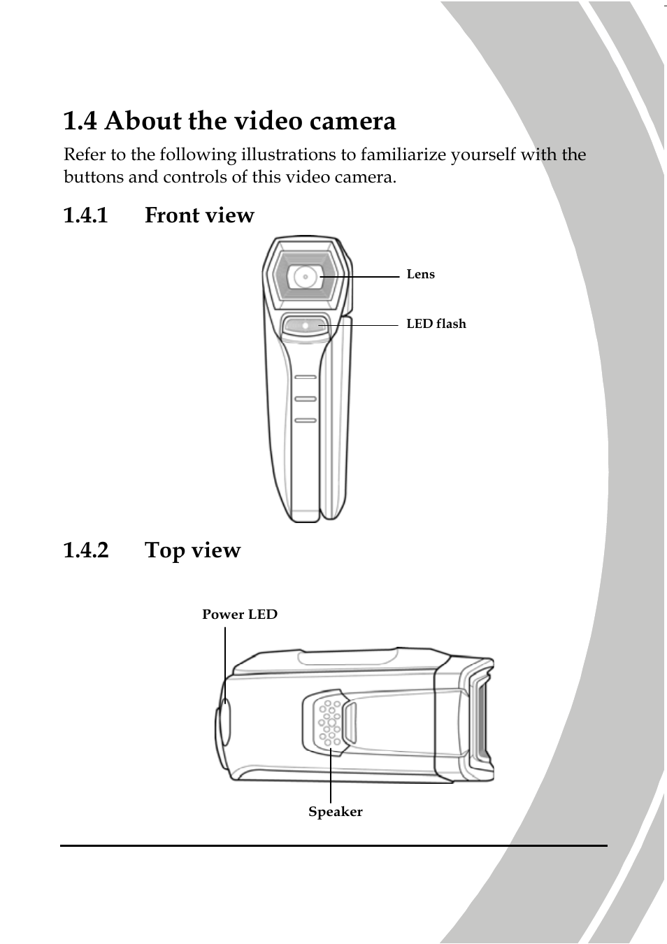 4 about the video camera, 1 front view, 2 top view | DXG Technology DXG Sportster DXG-5B7V User Manual | Page 13 / 60