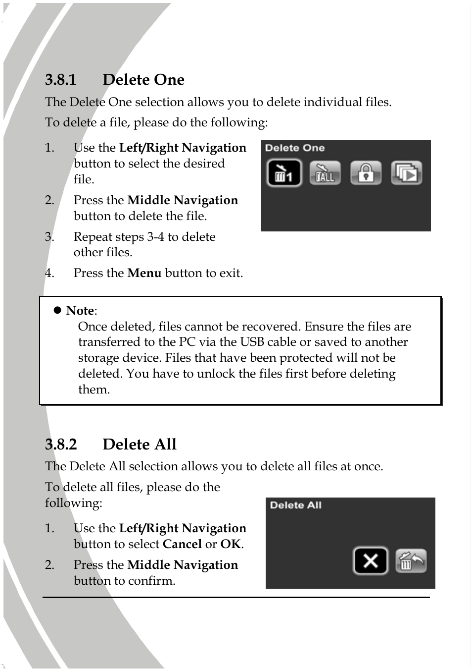 1 delete one, 2 delete all | DXG Technology DXG Sportster DXG-5B7V User Manual | Page 48 / 60