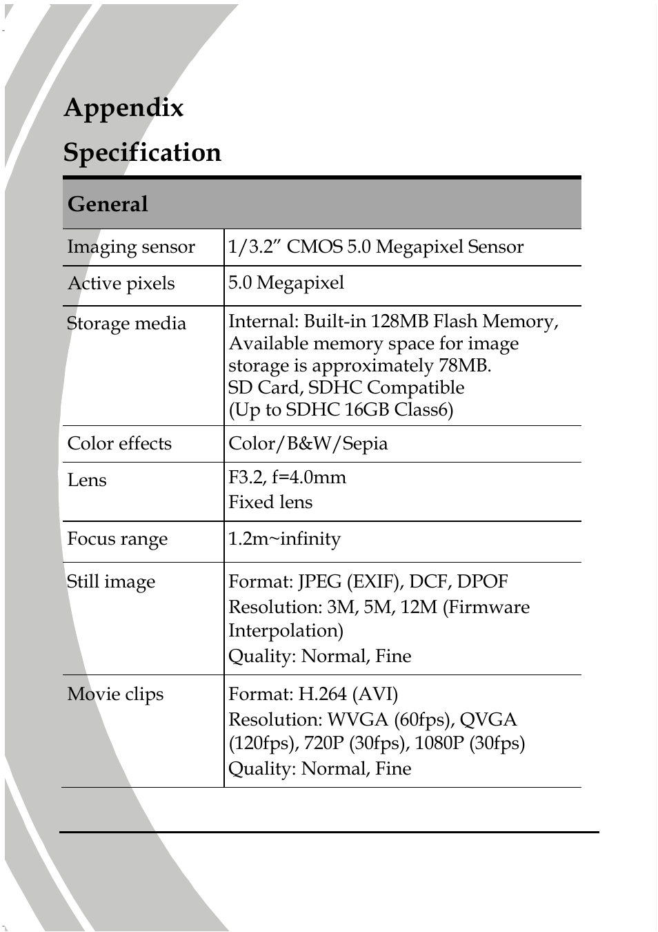 Appendix specification, General | DXG Technology DXG Sportster DXG-5B7V User Manual | Page 56 / 60