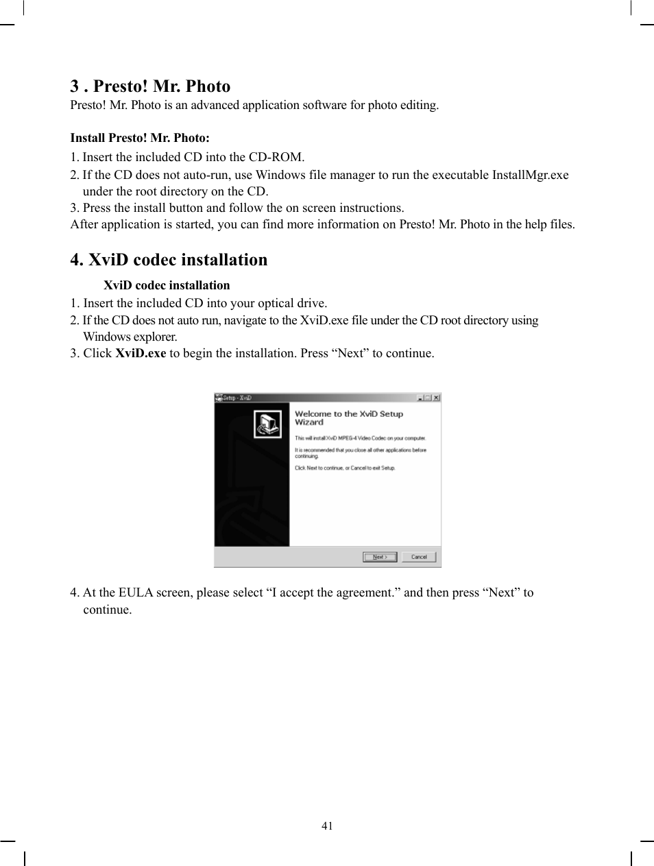 3 . presto! mr. photo, Xvid codec installation | DXG Technology DXG-571V User Manual | Page 42 / 49