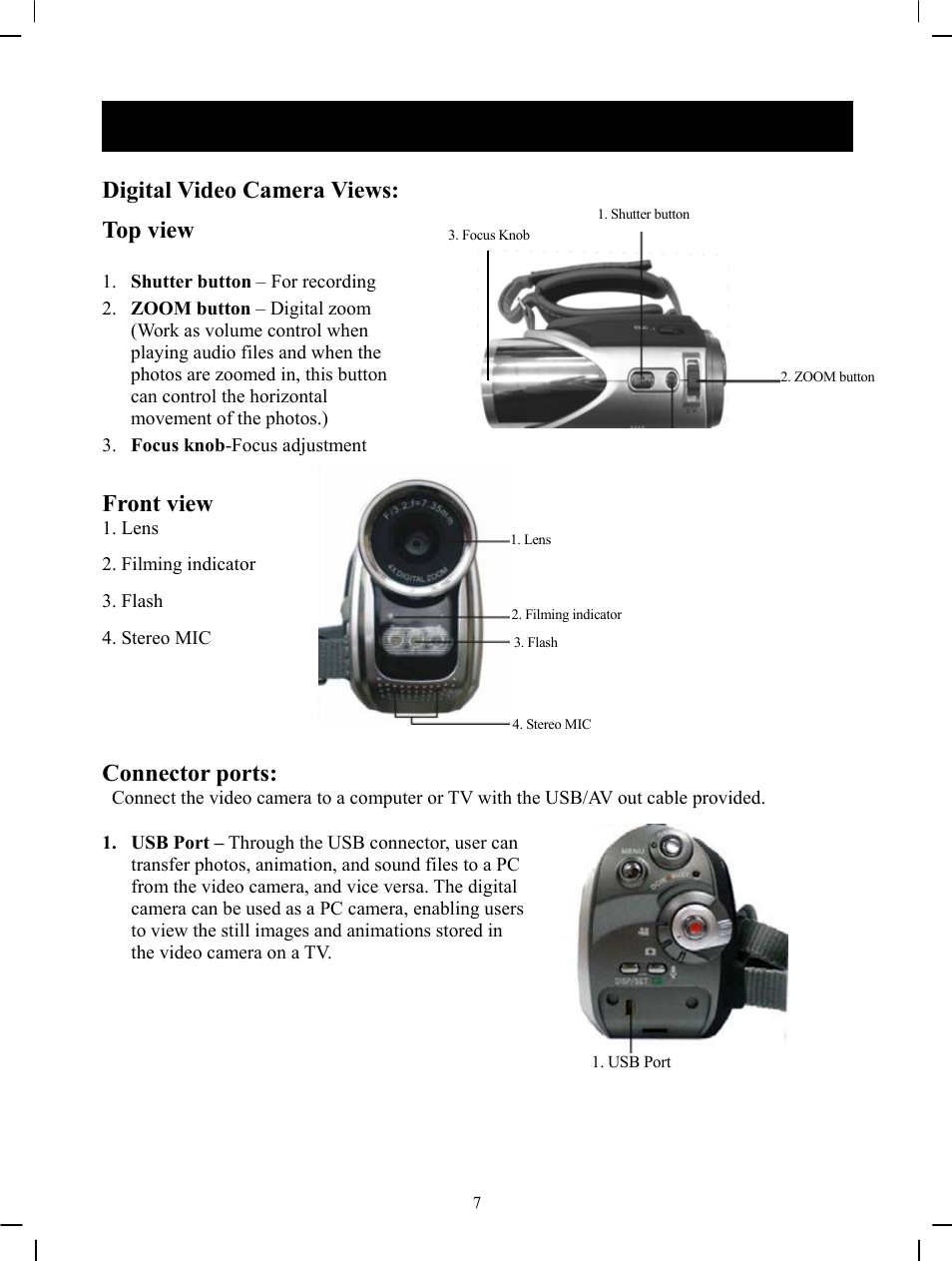 Understanding the digital video camera, Digital video camera views, Top view | Front view, Connector ports | DXG Technology DXG-571V User Manual | Page 8 / 49