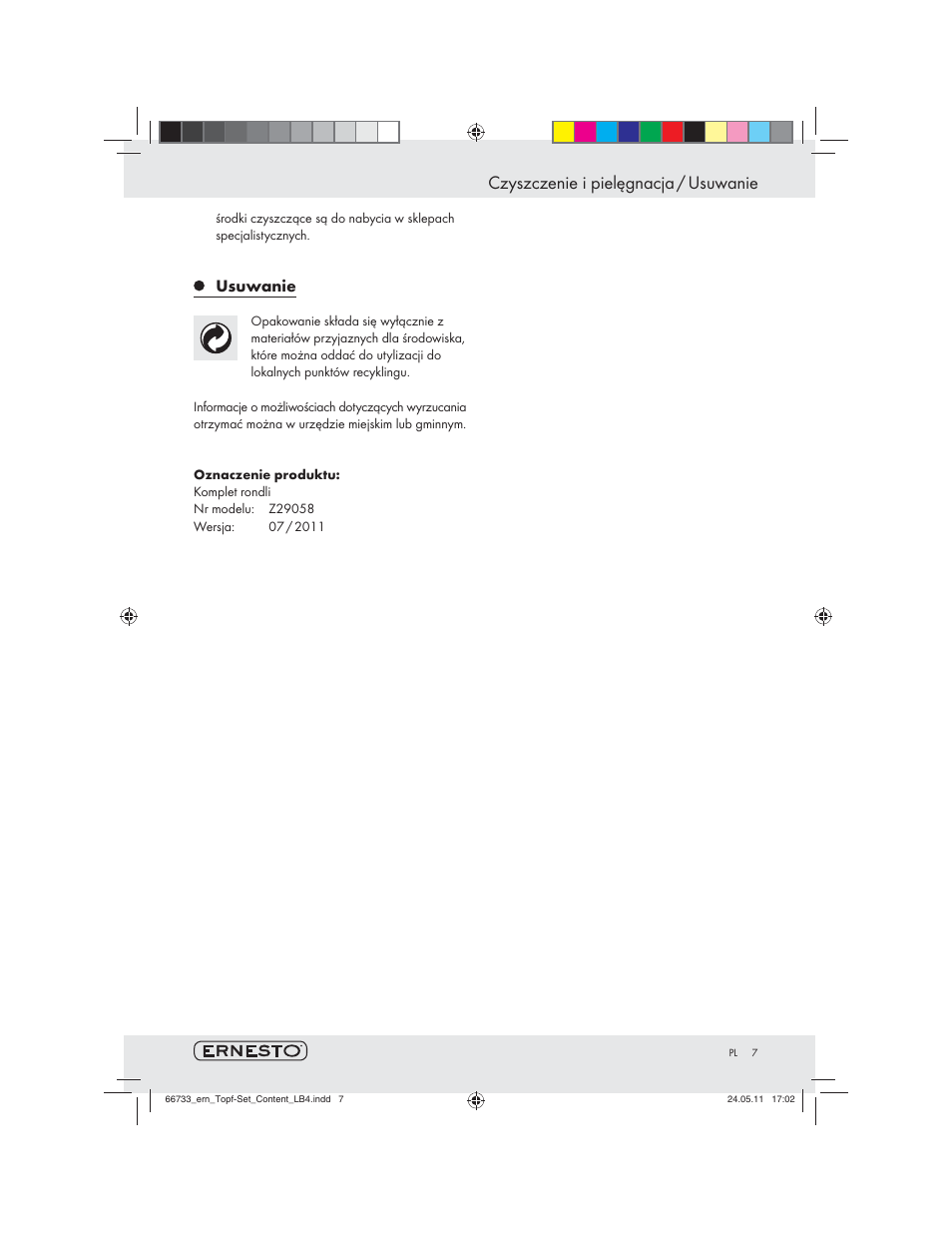 Czyszczenie i pielęgnacja / usuwanie, Usuwanie | Ernesto Z29058 User Manual | Page 5 / 16