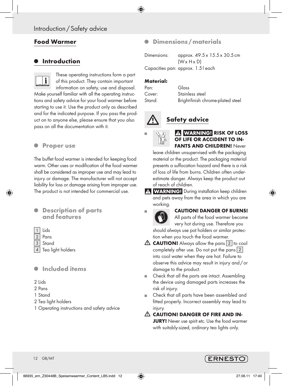 Introduction / safety advice, Food warmer, Introduction | Proper use, Description of parts and features, Included items, Dimensions / materials, Safety advice | Ernesto Z30448B User Manual | Page 10 / 15