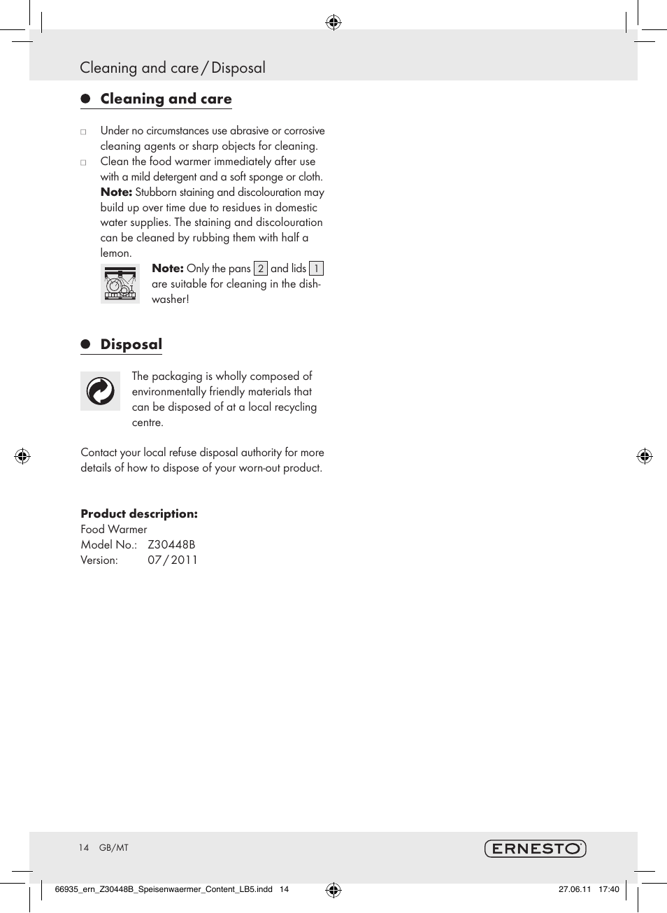 Cleaning and care / disposal, Cleaning and care, Disposal | Ernesto Z30448B User Manual | Page 12 / 15