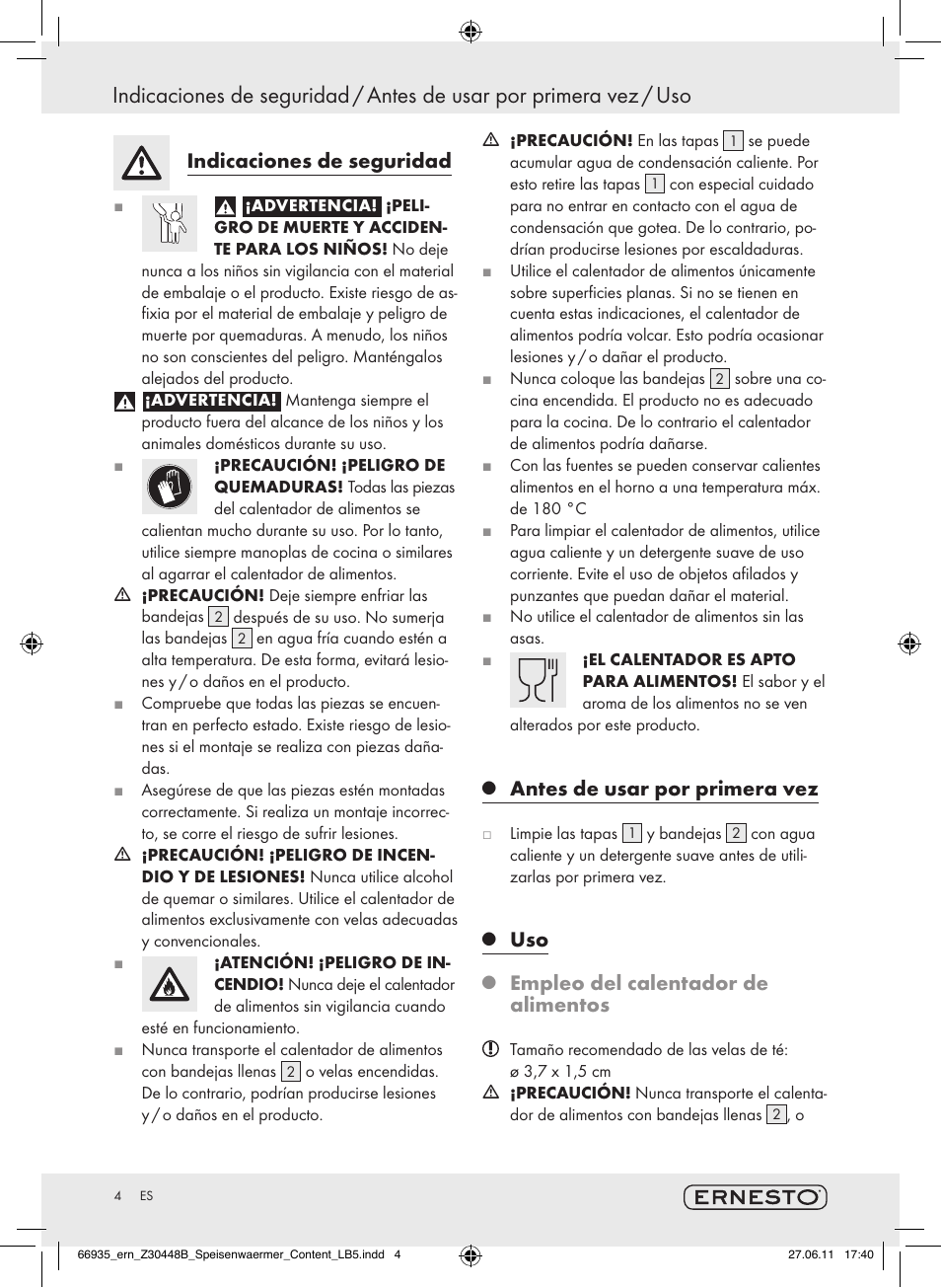 Indicaciones de seguridad, Antes de usar por primera vez, Empleo del calentador de alimentos | Ernesto Z30448B User Manual | Page 2 / 15