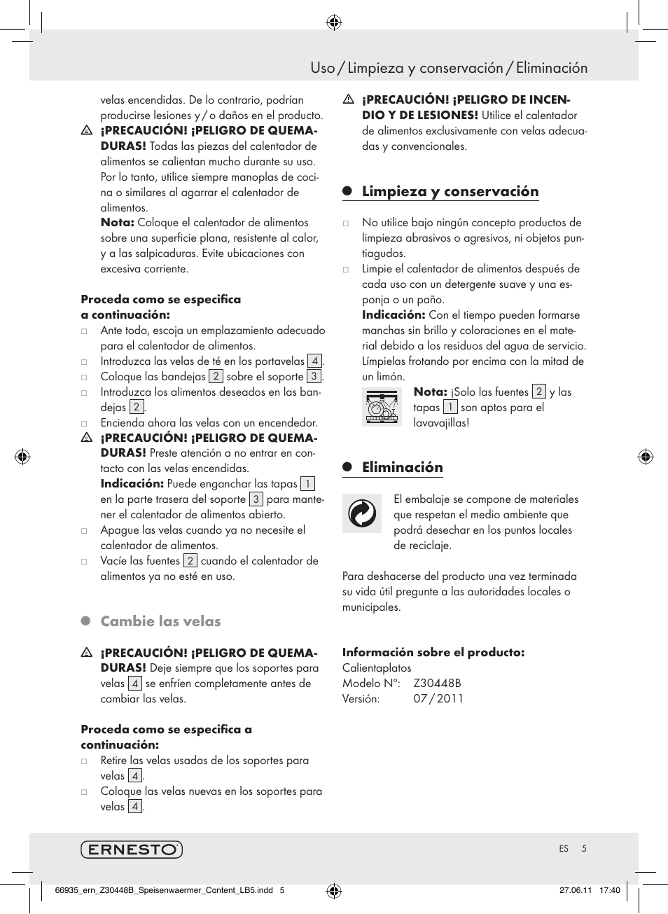 Uso / limpieza y conservación / eliminación, Cambie las velas, Limpieza y conservación | Eliminación | Ernesto Z30448B User Manual | Page 3 / 15