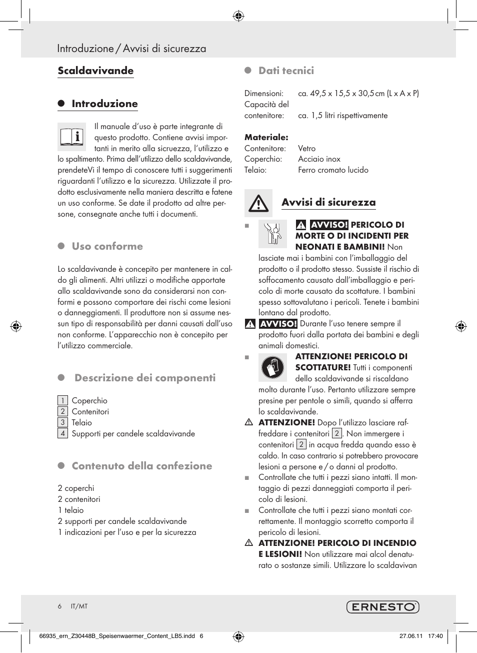 Introduzione / avvisi di sicurezza, Scaldavivande, Introduzione | Uso conforme, Descrizione dei componenti, Contenuto della confezione, Dati tecnici, Avvisi di sicurezza | Ernesto Z30448B User Manual | Page 4 / 15