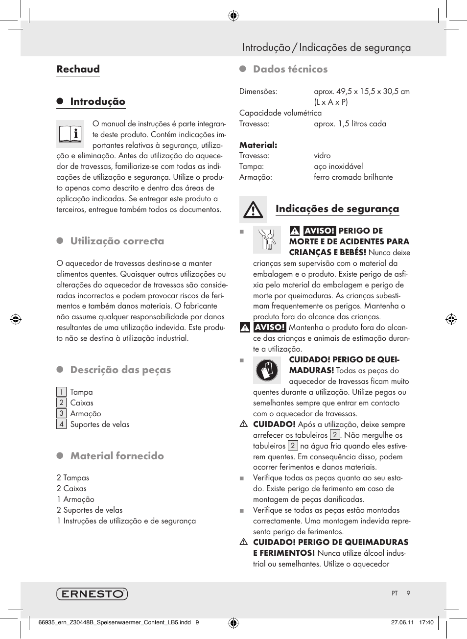 Introdução / indicações de segurança, Rechaud, Introdução | Utilização correcta, Descrição das peças, Material fornecido, Dados técnicos, Indicações de segurança | Ernesto Z30448B User Manual | Page 7 / 15