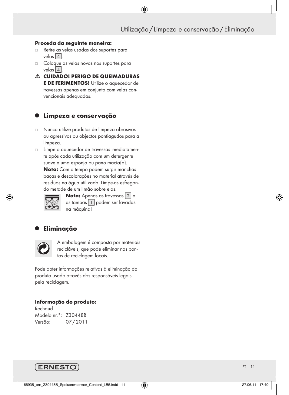 Utilização / limpeza e conservação / eliminação, Limpeza e conservação, Eliminação | Ernesto Z30448B User Manual | Page 9 / 15