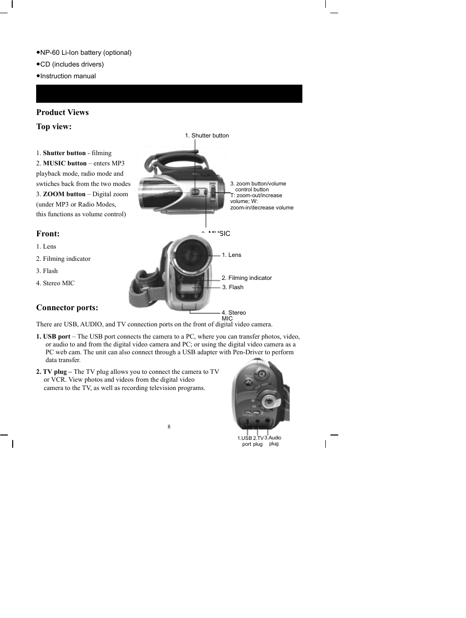 Understanding this digital video camera, Product views, Top view | Front, Connector ports | DXG Technology DXG-505V User Manual | Page 9 / 60