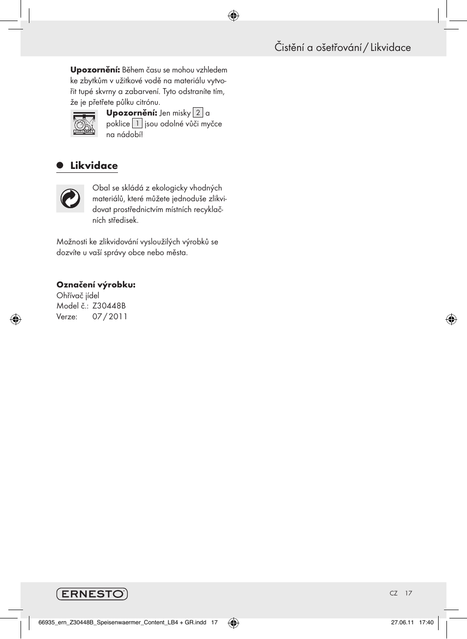 Čistění a ošetřování / likvidace, Likvidace | Ernesto Z30448B User Manual | Page 15 / 24