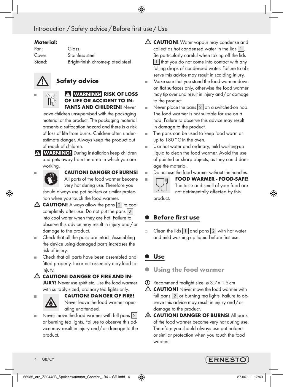 Safety advice, Before first use, Using the food warmer | Ernesto Z30448B User Manual | Page 2 / 24