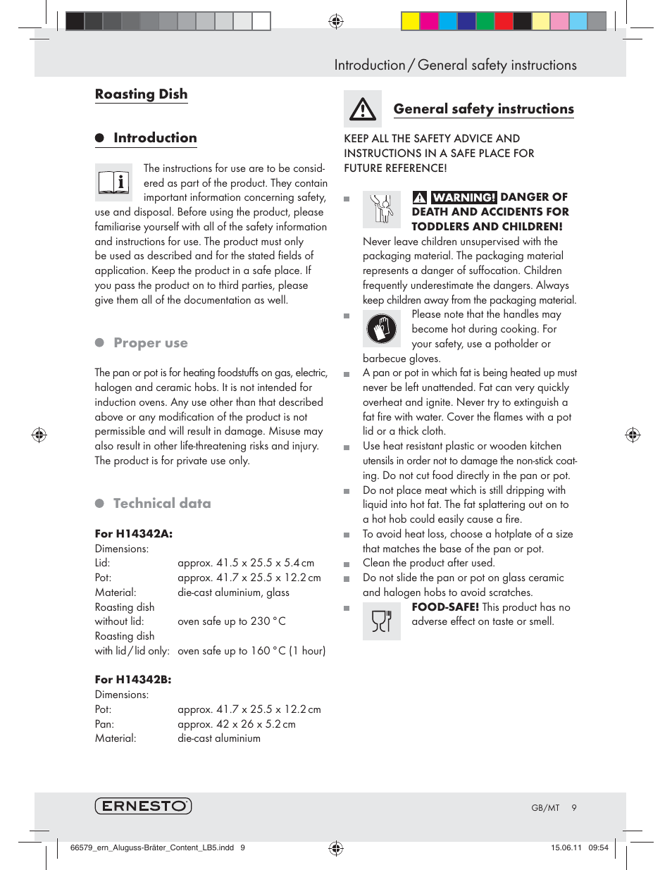 Introduction / general safety instructions, Roasting dish introduction, Proper use | Technical data, General safety instructions | Ernesto H14342A / H14342B User Manual | Page 7 / 10