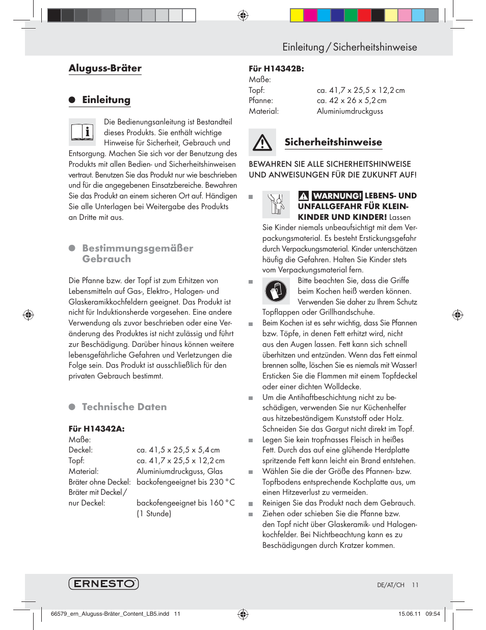 Einleitung / sicherheitshinweise, Aluguss-bräter einleitung, Bestimmungsgemäßer gebrauch | Technische daten, Sicherheitshinweise | Ernesto H14342A / H14342B User Manual | Page 9 / 10