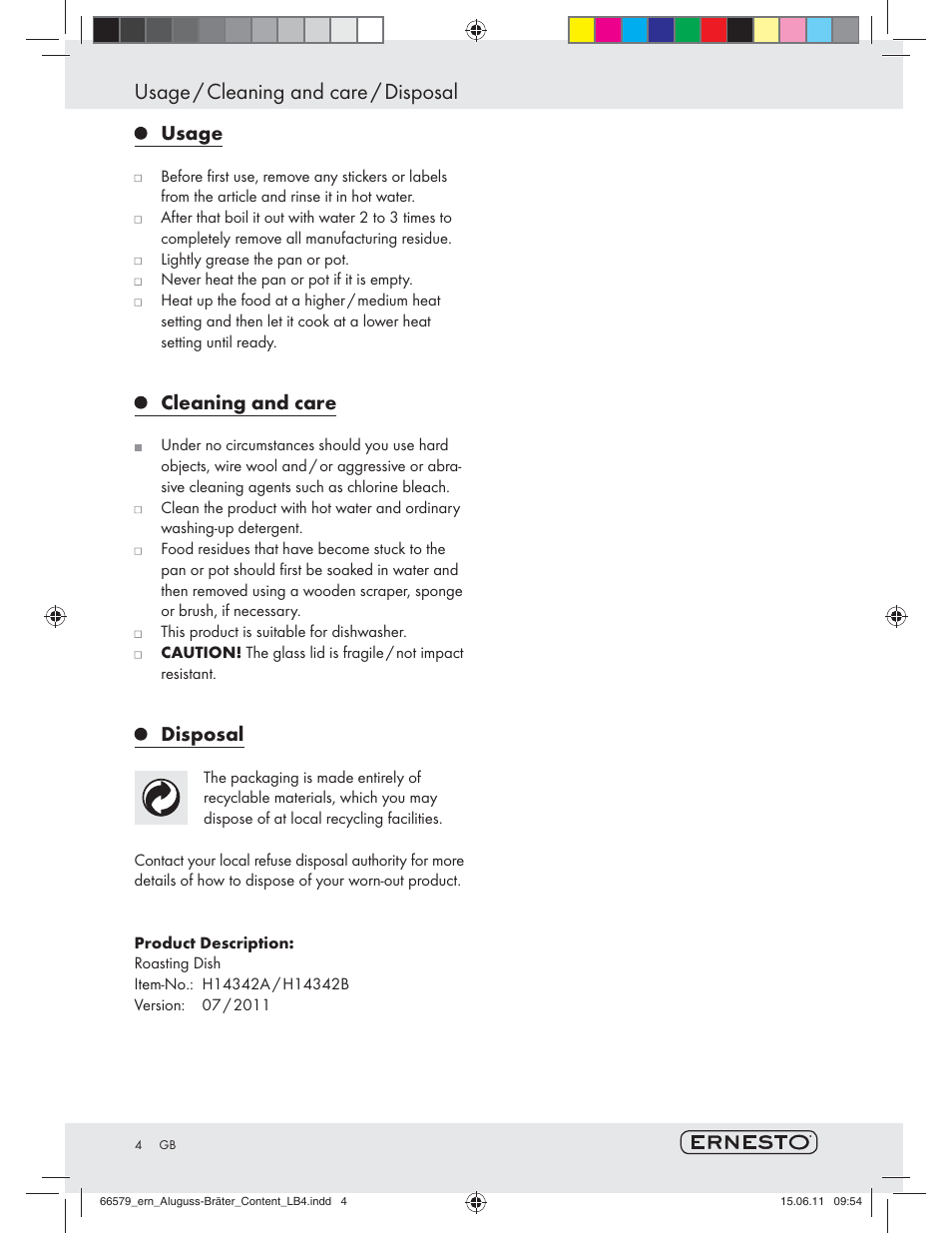 Usage / cleaning and care / disposal, Usage, Cleaning and care | Disposal | Ernesto H14342A / H14342B User Manual | Page 2 / 14