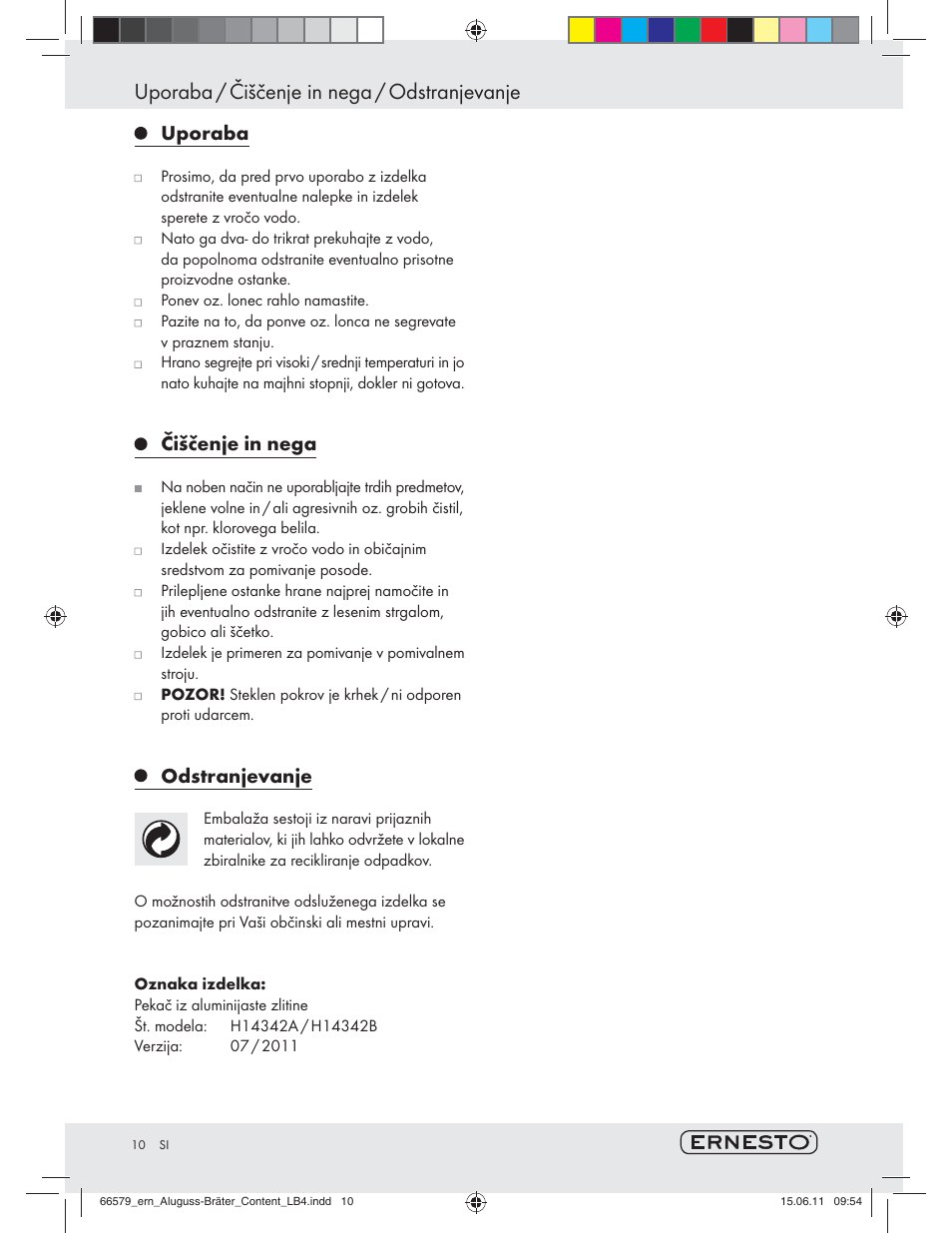 Uporaba / čiščenje in nega / odstranjevanje, Uporaba, Čiščenje in nega | Odstranjevanje | Ernesto H14342A / H14342B User Manual | Page 8 / 14