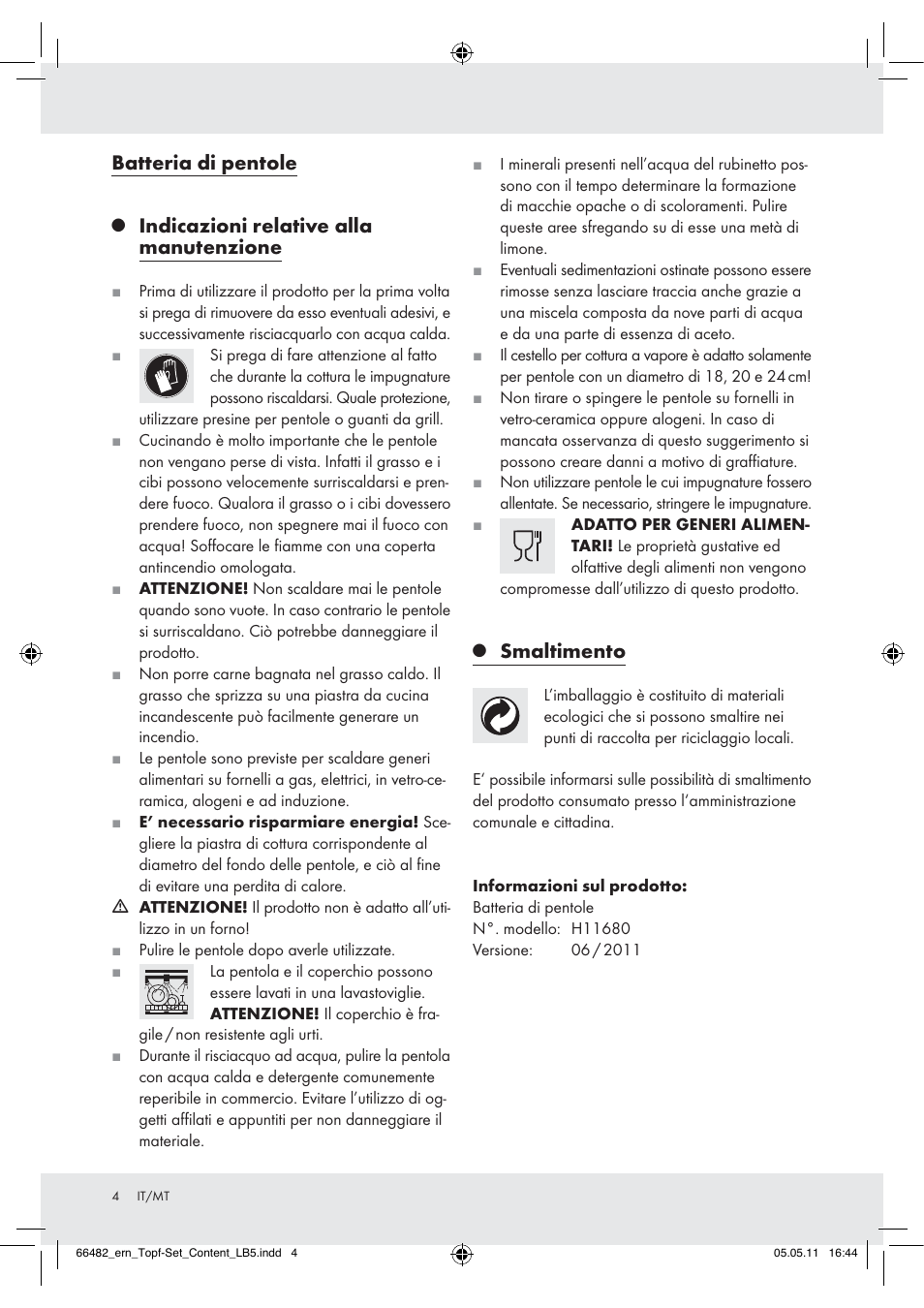 Batteria di pentole, Indicazioni relative alla manutenzione, Smaltimento | Ernesto H11680 User Manual | Page 2 / 5