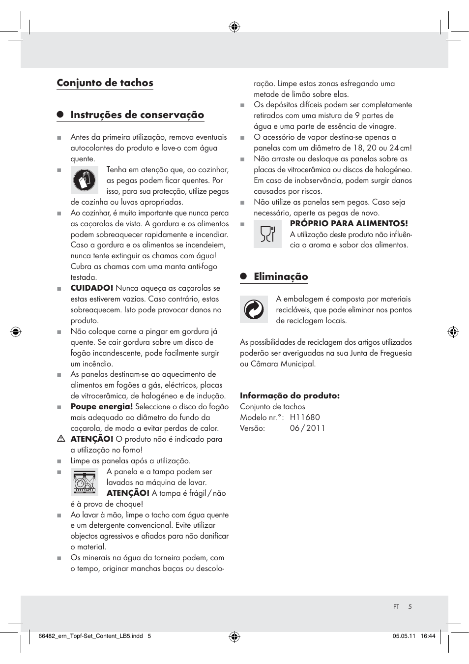 Conjunto de tachos, Instruções de conservação, Eliminação | Ernesto H11680 User Manual | Page 3 / 5