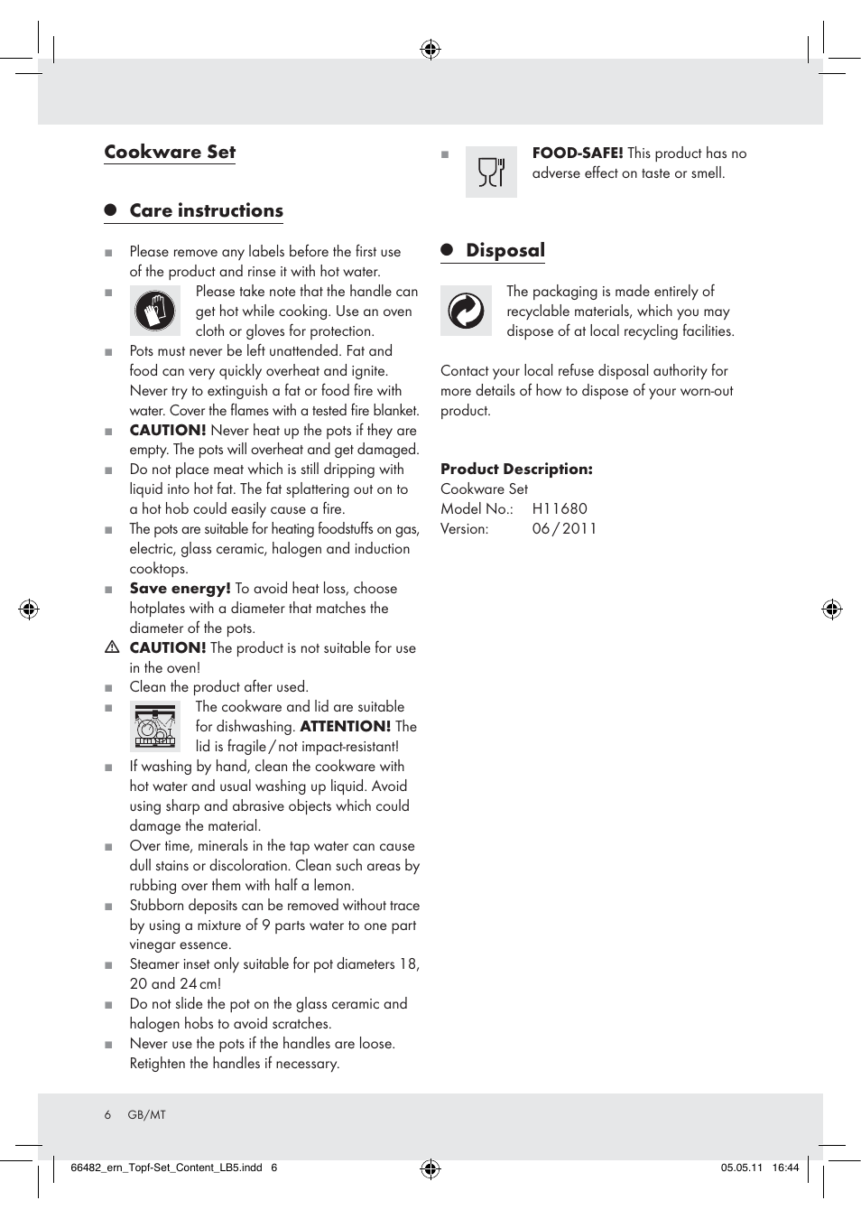 Cookware set, Care instructions, Disposal | Ernesto H11680 User Manual | Page 4 / 5