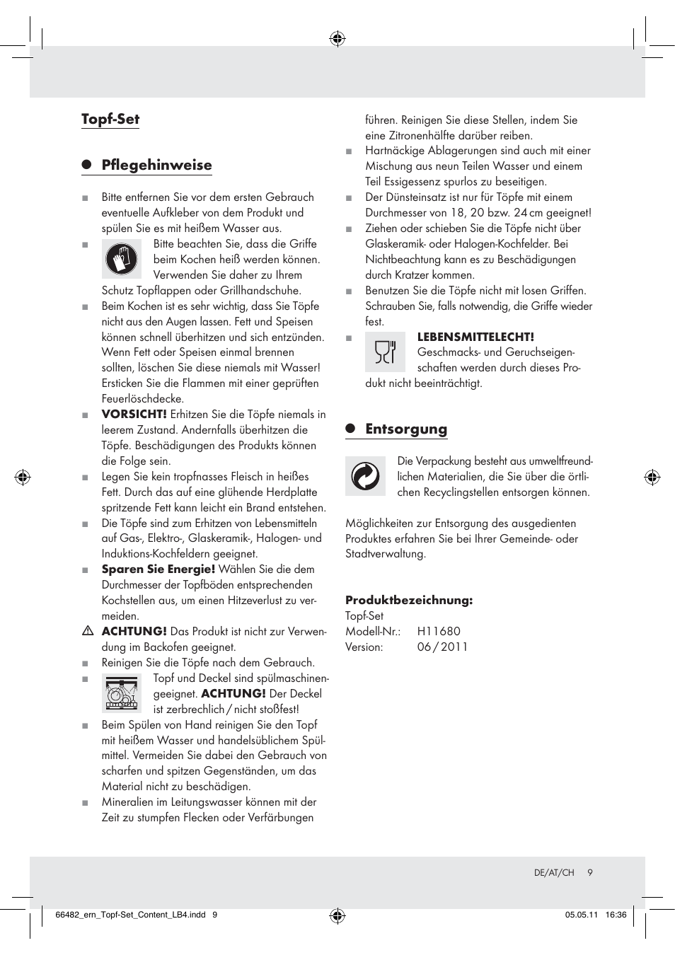 Topf-set, Pﬂegehinweise, Entsorgung | Ernesto H11680 User Manual | Page 7 / 7