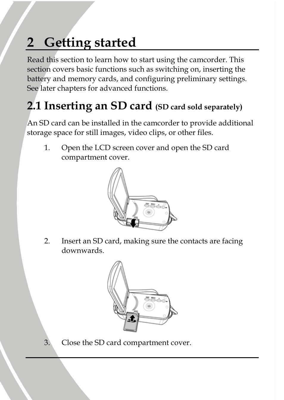 Getting started, Inserting an sd card, 2 getting started | 1 inserting an sd card | DXG Technology DXG-A85V HD User Manual | Page 22 / 78