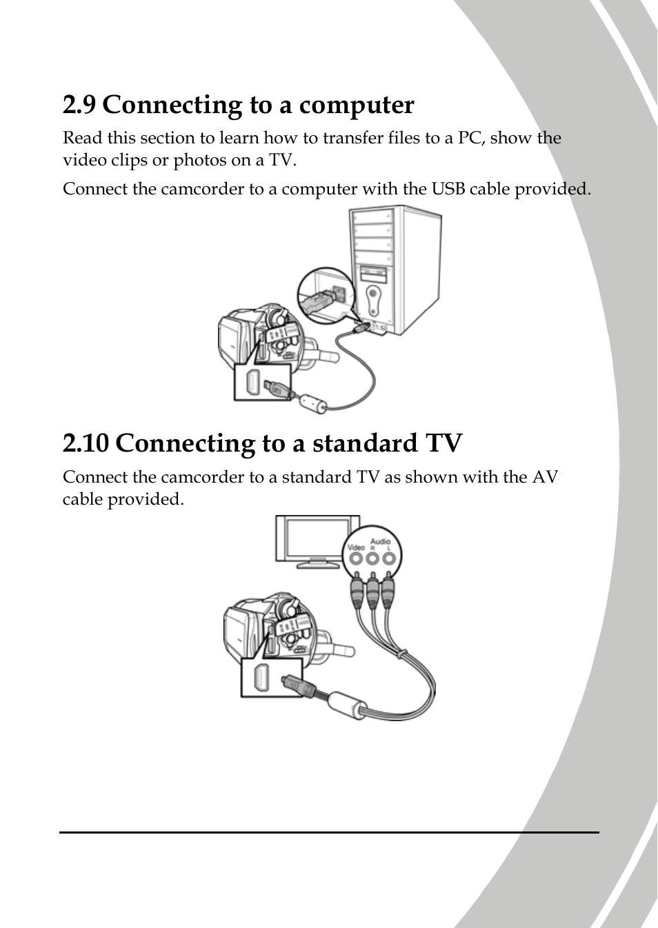 Connecting to a computer, Connecting to a standard tv, 9 connecting to a computer | 10 connecting to a standard tv | DXG Technology DXG-A85V HD User Manual | Page 33 / 78