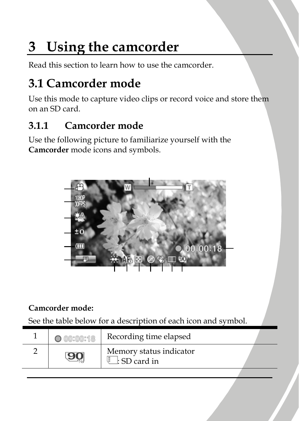 Using the camcorder, Camcorder mode, 3 using the camcorder | 1 camcorder mode | DXG Technology DXG-A85V HD User Manual | Page 35 / 78