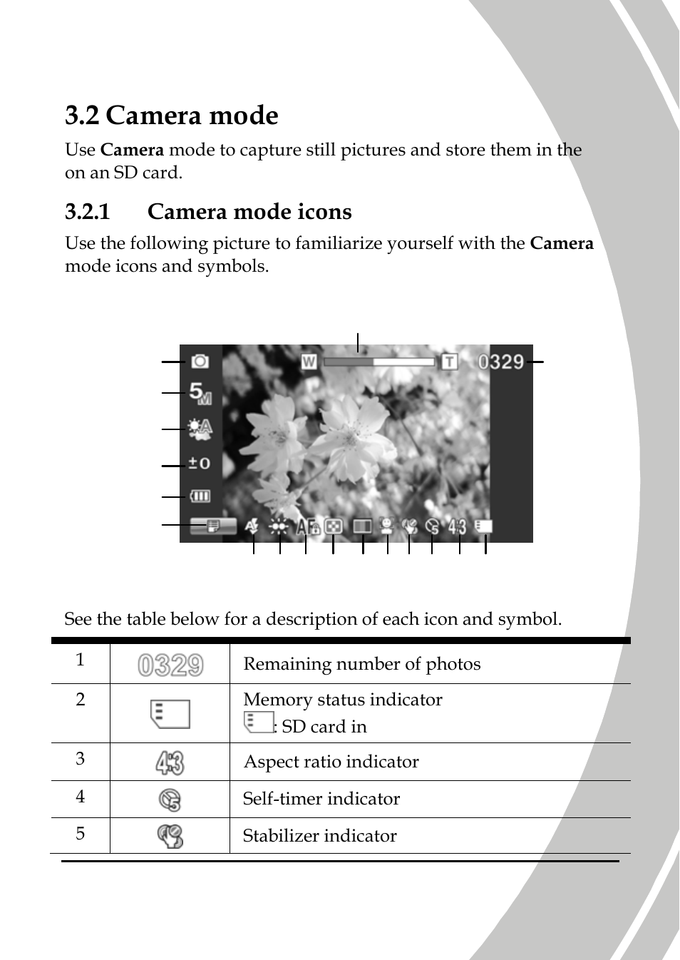 Camera mode, Camera mode icons, 2 camera mode | 1 camera mode icons | DXG Technology DXG-A85V HD User Manual | Page 39 / 78