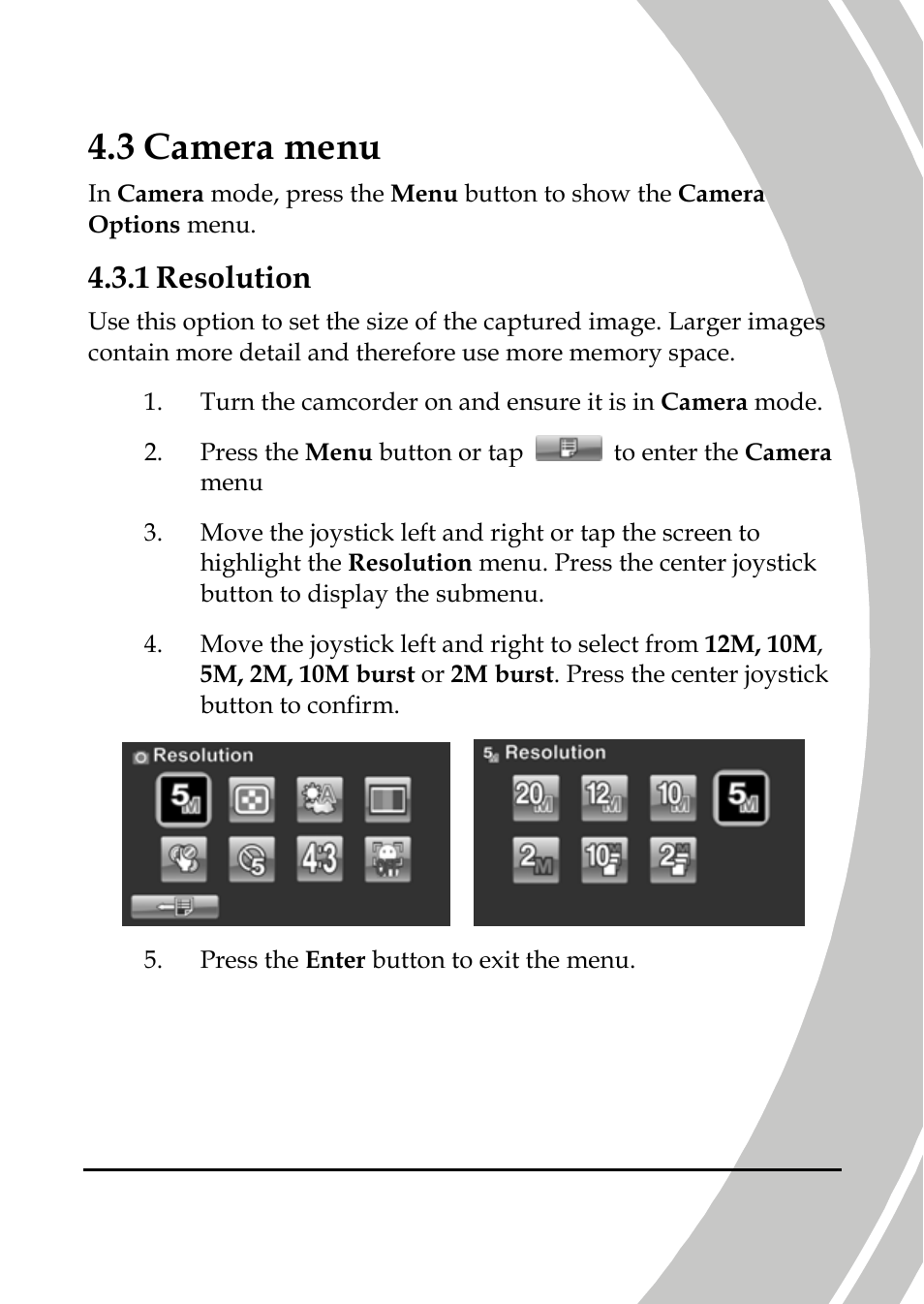 Camera menu, Resolution, 3 camera menu | 1 resolution | DXG Technology DXG-A85V HD User Manual | Page 55 / 78