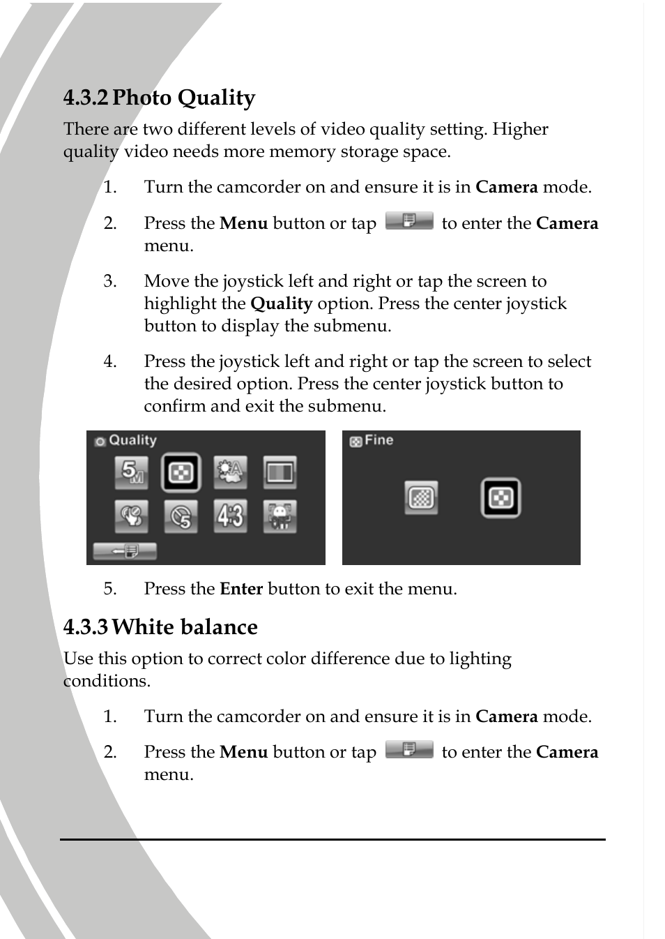 Photo quality, White balance, 2 photo quality | 3 white balance | DXG Technology DXG-A85V HD User Manual | Page 56 / 78