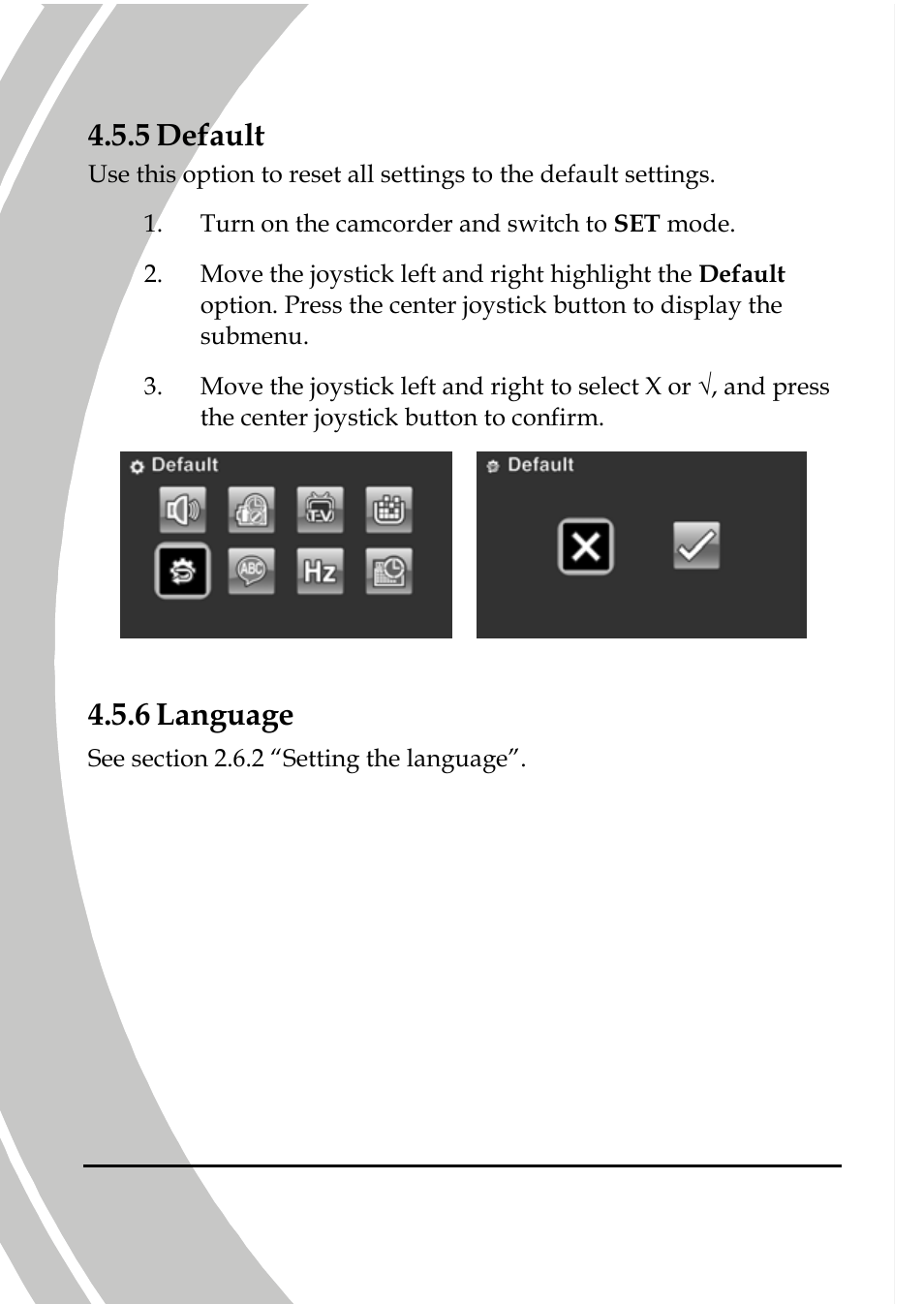 Default, Language, 5 default | 6 language | DXG Technology DXG-A85V HD User Manual | Page 68 / 78