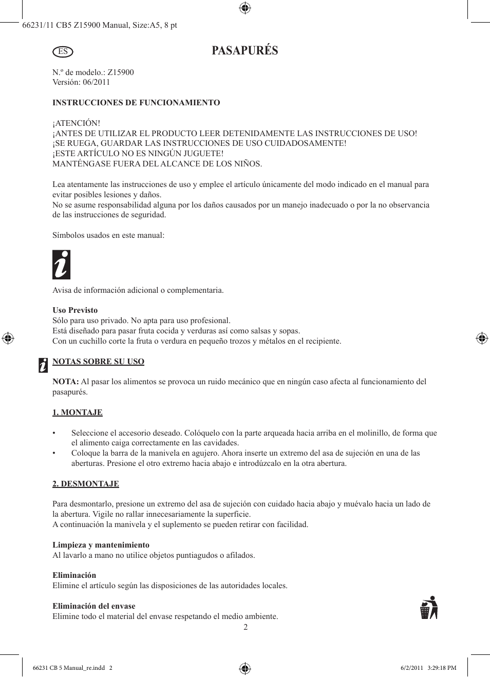 Pasapurés | Ernesto Z15900 User Manual | Page 3 / 8