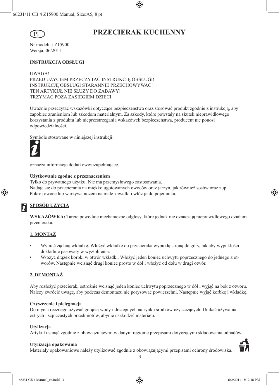 Przecierak kuchenny | Ernesto Z15900 User Manual | Page 4 / 10