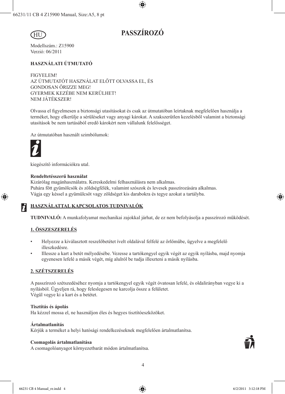 Passzírozó | Ernesto Z15900 User Manual | Page 5 / 10