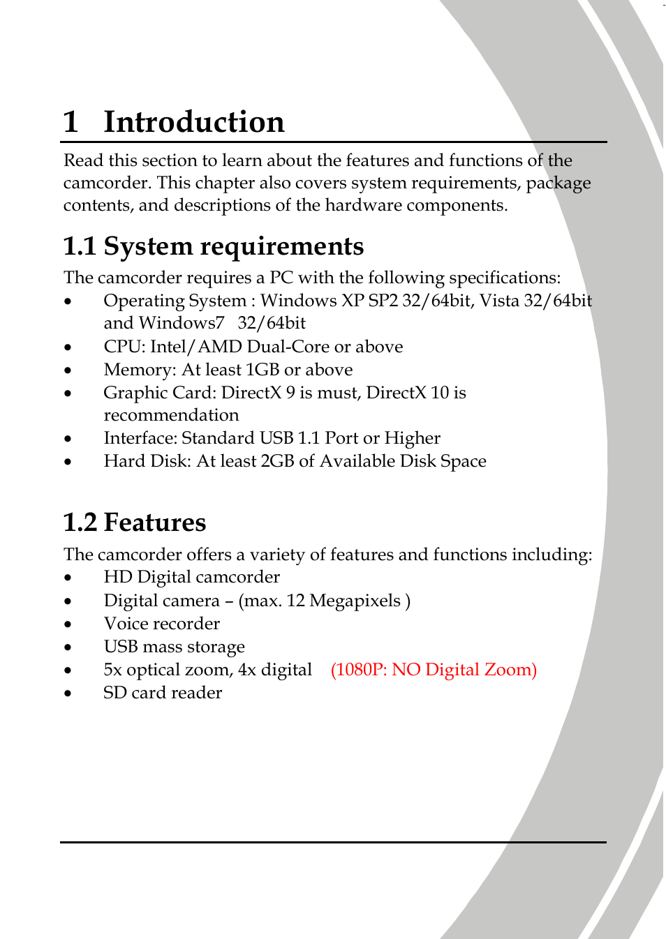 Introduction, System requirements, Features | 1 introduction, 1 system requirements, 2 features | DXG Technology DXG-587V HD User Manual | Page 11 / 82