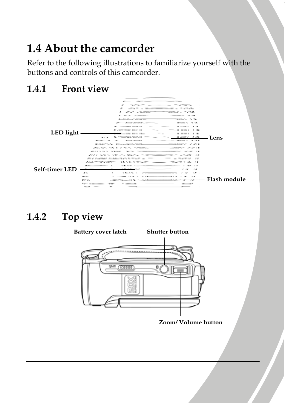 About the camcorder, Front view, Top view | 4 about the camcorder, 1 front view, 2 top view | DXG Technology DXG-587V HD User Manual | Page 13 / 82