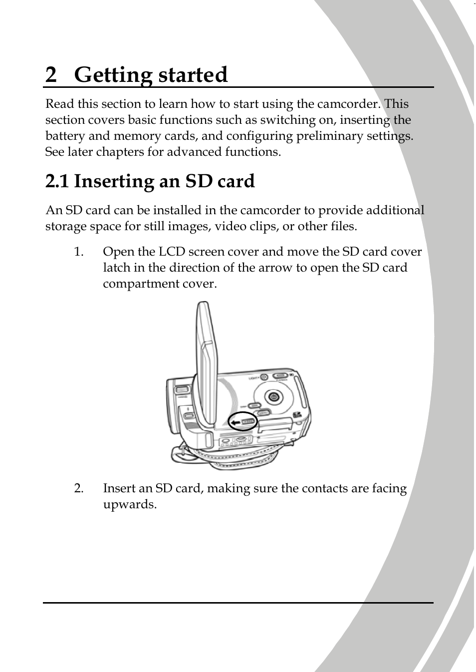 Getting started, Inserting an sd card, 2 getting started | 1 inserting an sd card | DXG Technology DXG-587V HD User Manual | Page 21 / 82