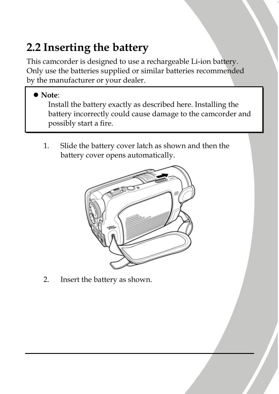 Inserting the battery, 2 inserting the battery | DXG Technology DXG-587V HD User Manual | Page 23 / 82