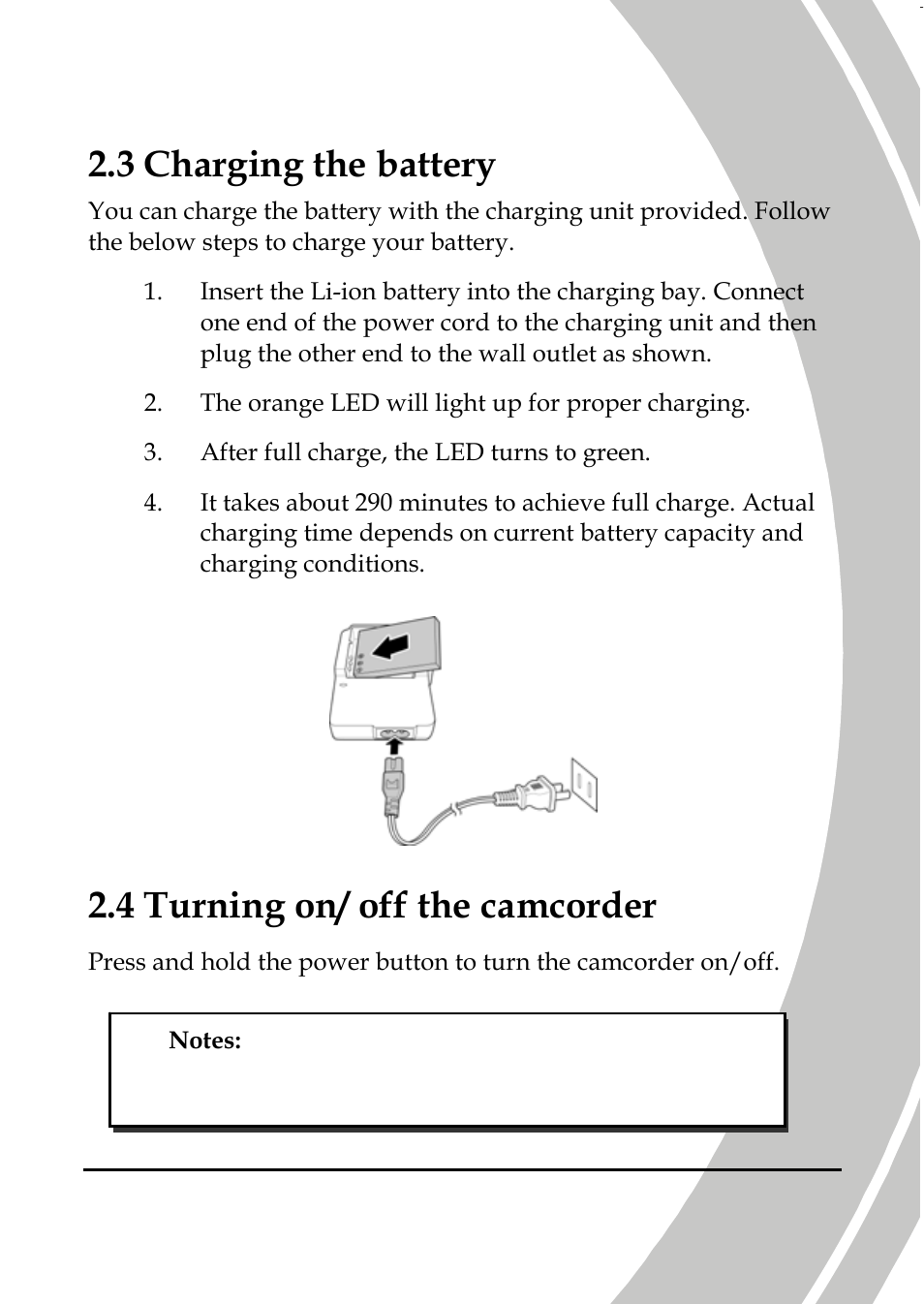 Charging the battery, Turning on/ off the camcorder, 3 charging the battery | 4 turning on/ off the camcorder | DXG Technology DXG-587V HD User Manual | Page 25 / 82