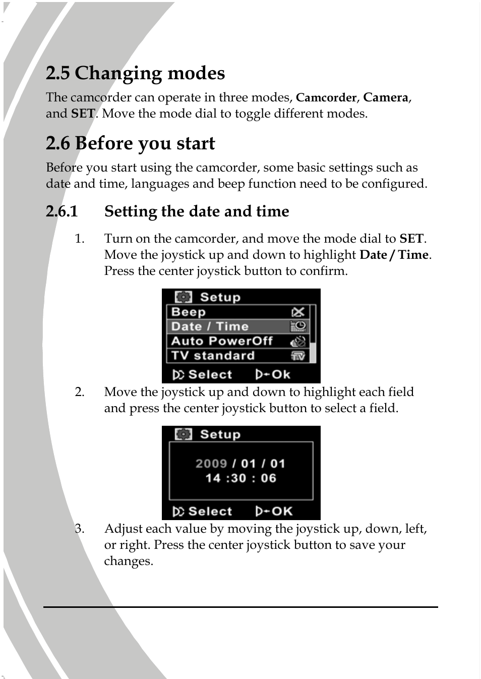 Changing modes, Before you start, Setting the date and time | 5 changing modes, 6 before you start, 1 setting the date and time | DXG Technology DXG-587V HD User Manual | Page 26 / 82