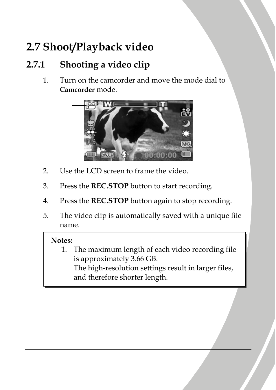 Shoot/playback video, Shooting a video clip, 7 shoot/playback video | 1 shooting a video clip | DXG Technology DXG-587V HD User Manual | Page 29 / 82