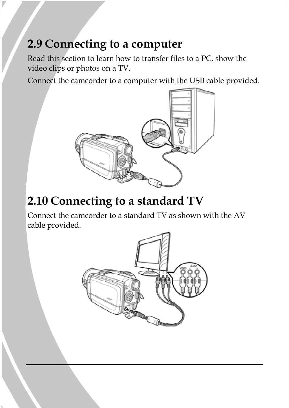 Connecting to a computer, Connecting to a standard tv, 9 connecting to a computer | 10 connecting to a standard tv | DXG Technology DXG-587V HD User Manual | Page 34 / 82