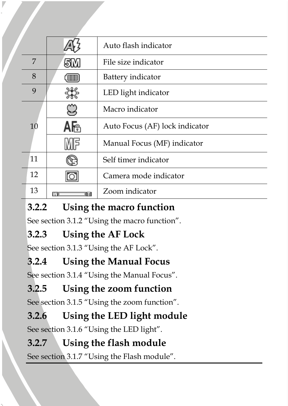 Using the macro function, Using the af lock, Using the manual focus | Using the zoom function, Using the led light module, Using the flash module, 2 using the macro function, 3 using the af lock, 4 using the manual focus, 5 using the zoom function | DXG Technology DXG-587V HD User Manual | Page 42 / 82