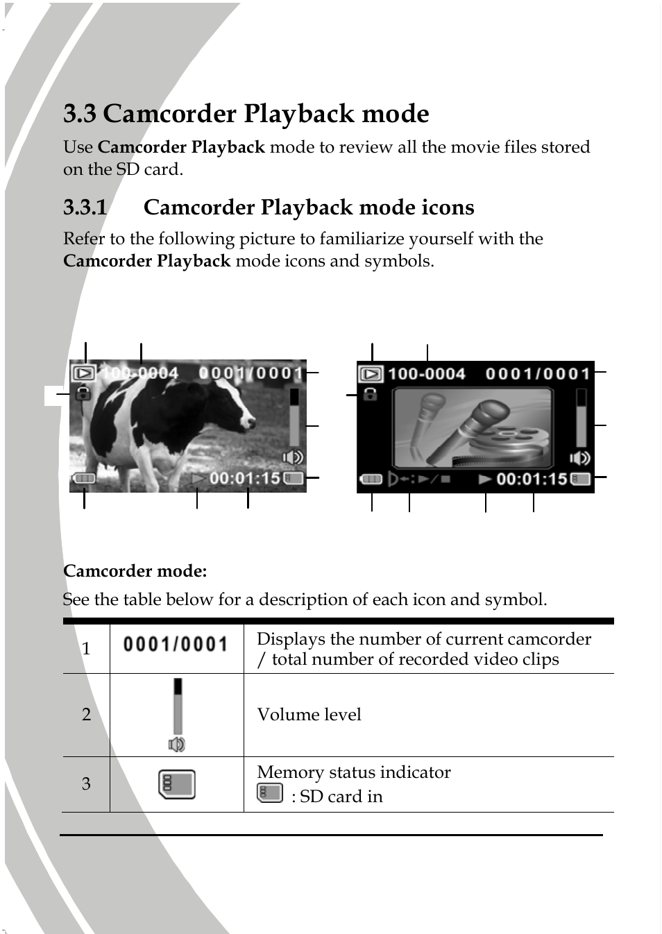 Camcorder playback mode, Camcorder playback mode icons, 3 camcorder playback mode | 1 camcorder playback mode icons, Voice playback mode | DXG Technology DXG-587V HD User Manual | Page 44 / 82