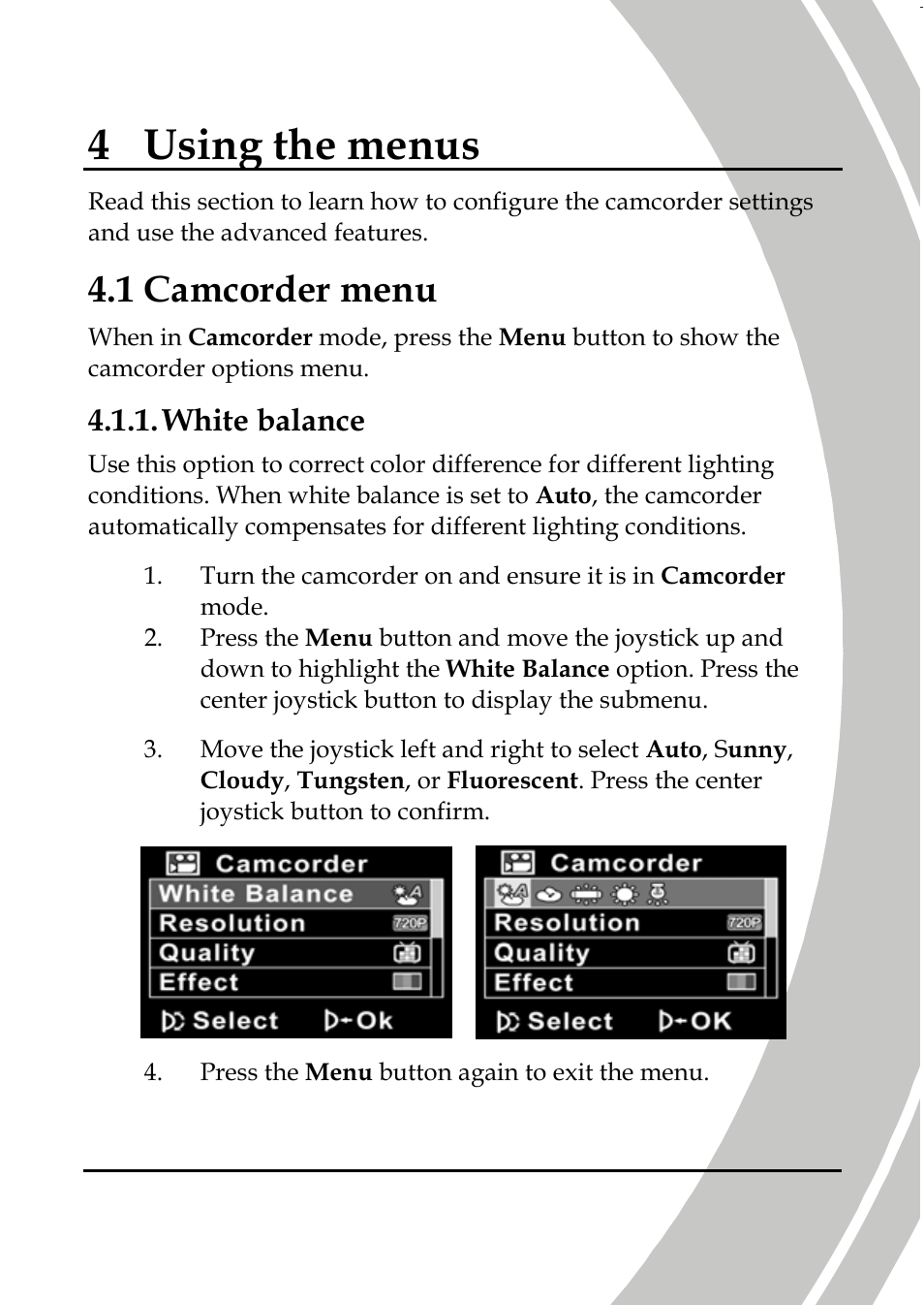 Using the menus, Camcorder menu, White balance | 4 using the menus, 1 camcorder menu | DXG Technology DXG-587V HD User Manual | Page 49 / 82