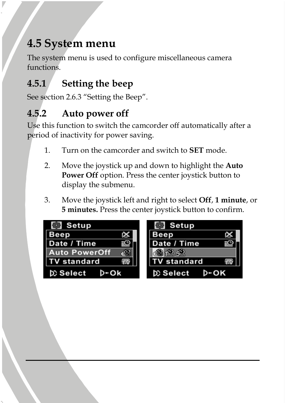 System menu, Setting the beep, Auto power off | 5 system menu, 1 setting the beep, 2 auto power off | DXG Technology DXG-587V HD User Manual | Page 70 / 82