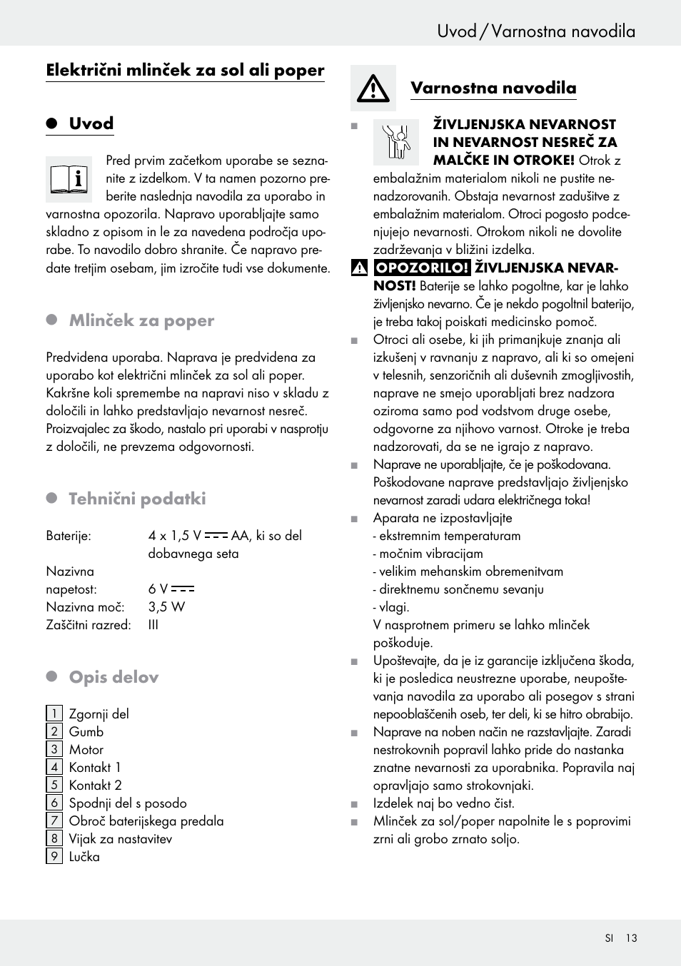 Uvod / varnostna navodila, Električni mlinček za sol ali poper, Uvod | Mlinček za poper, Tehnični podatki, Opis delov, Varnostna navodila | Ernesto Z29535 User Manual | Page 13 / 28