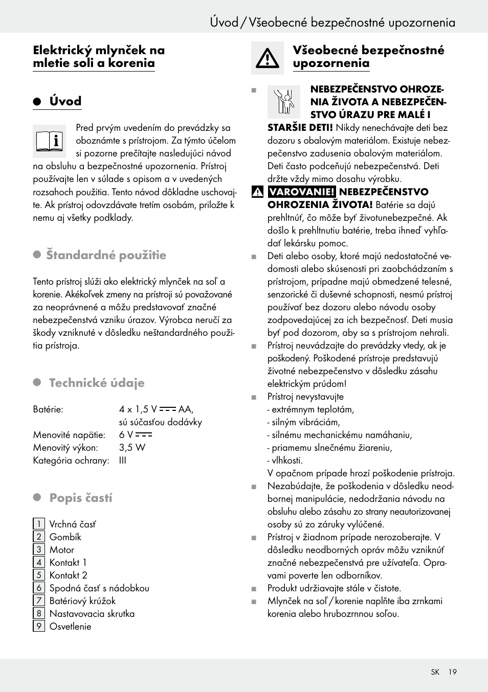 Úvod / všeobecné bezpečnostné upozornenia, Elektrický mlynček na mletie soli a korenia, Úvod | Štandardné použitie, Technické údaje, Popis častí, Všeobecné bezpečnostné upozornenia | Ernesto Z29535 User Manual | Page 19 / 28